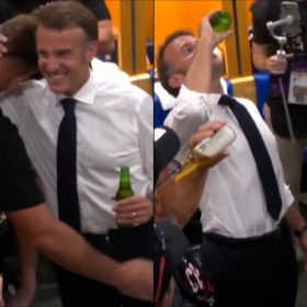 Macron boit une bière cul sec dans les vestiaires après la victoire de Toulouse : la vidéo fait le buzz