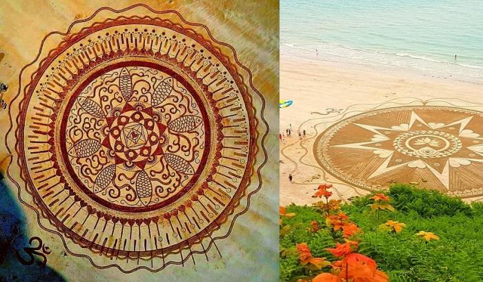 Cette créatrice réalise d'immenses mandalas magnifiques sur le sable des plages bretonnes