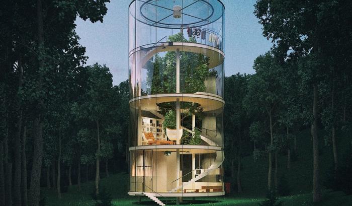 Une incroyable maison de verre cylindrique construite autour d'un arbre