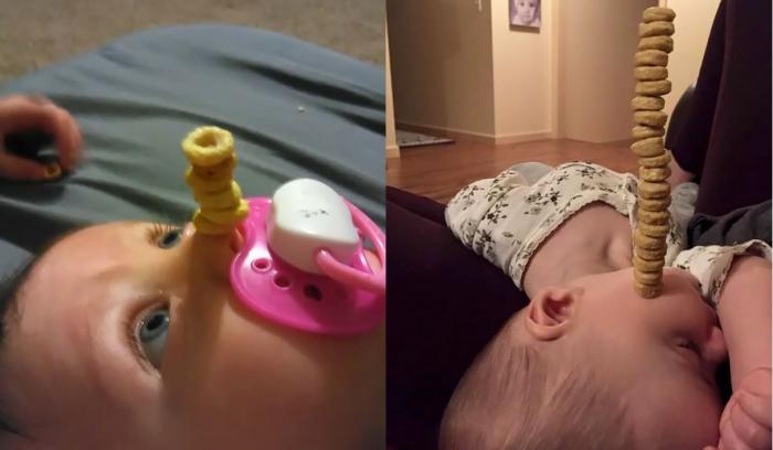 Non, ce n'est pas une blague : des papas tentent de battre le record de céréales Cheerios empilées sur le nez de leur enfant