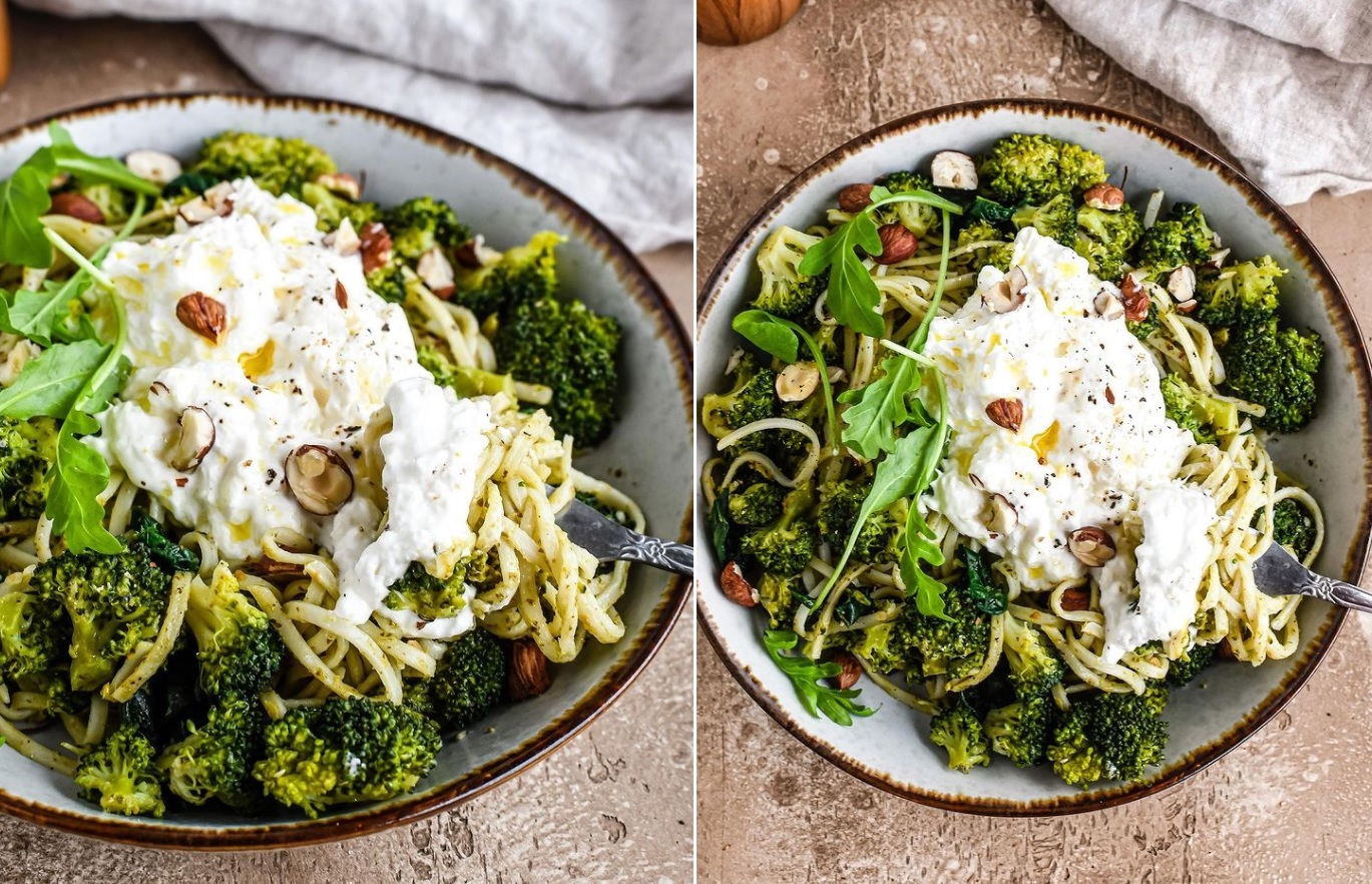 La recette de pâtes brocoli, burrata et noisettes