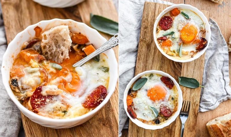 Recette des oeufs cocotte courge, chorizo et gorgonzola