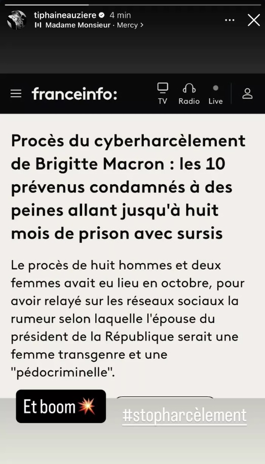 Et boom&nbsp;: la r&eacute;action tr&egrave;s remarqu&eacute;e de Tiphaine Auzi&egrave;re apr&egrave;s le verdict de cyberharc&egrave;lement de Brigitte Macron