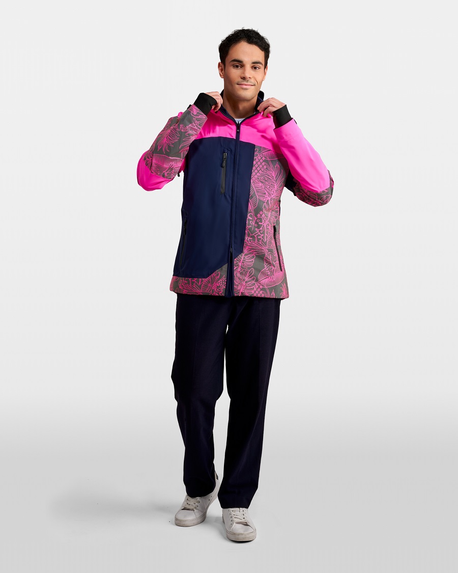 veste-v&eacute;lo-visible-rose-fluo-motif-jungle-impermeable-reversible-reflechissant