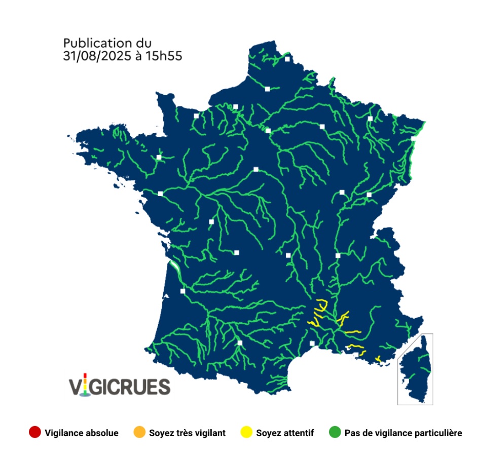 Crues : 6 départements placés en vigilance jaune ce lundi 1er septembre 2025