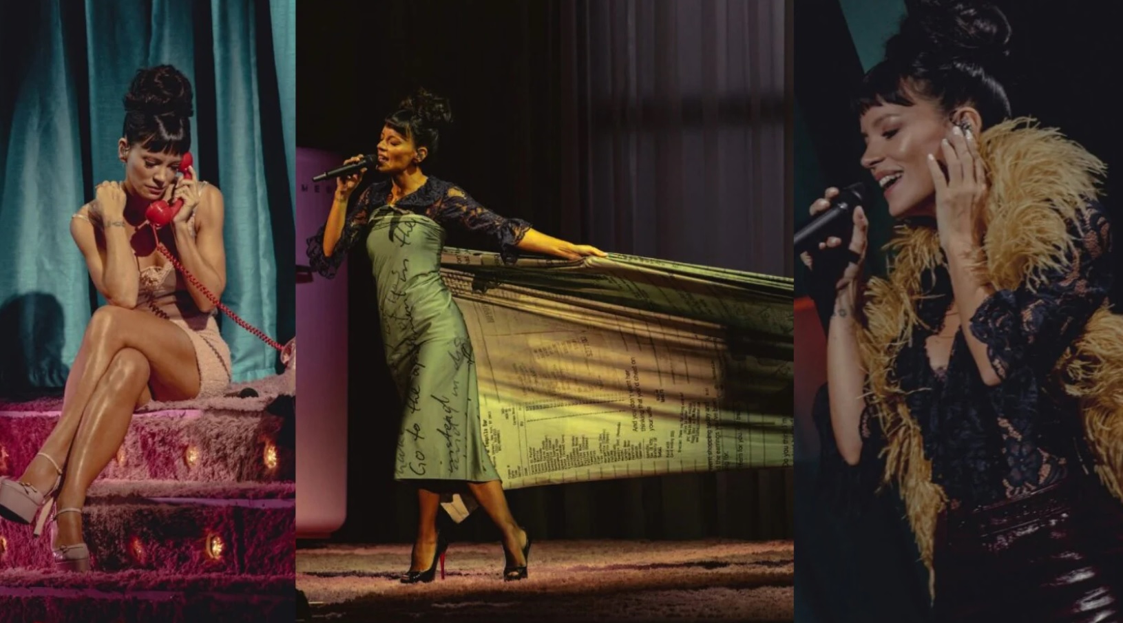 Lily Allen r&egrave;gle ses comptes&nbsp;: la chanteuse appara&icirc;t sur sc&egrave;ne avec une robe faite des achats de David Harbour pour ses ma&icirc;tresses